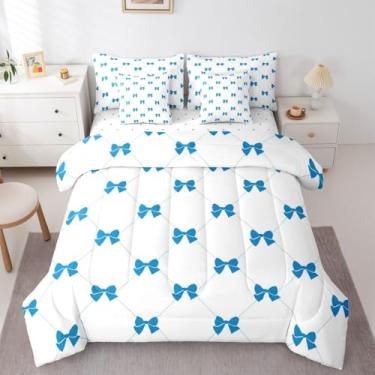 Imagem de Erosebridal Jogo de cama solteiro com laço de princesa, 7 peças, com lençóis, linha simples, kawaii, feminino, gravata borboleta azul fofa, princesa, para crianças, meninos e meninas