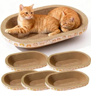 Imagem de Spindro Pacote com 5 grandes arranhadores de papelão, cama oval para arranhadores de gatos, sofá para ambientes internos, em forma de tigela, ninho para gatos, moagem, garra e protetor de móveis