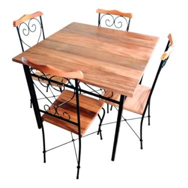 Imagem de Mesa Sala de Jantar Completa 4 Lugares Grande Ferro Pintura Eletrostática, tampo em Madeira Maciça Cadeiras para 200kg Anti Ferrugem Ultra Resistente Durável (Mesa 80x80 4 Cadeiras)