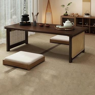 Imagem de HYUIO Mesa de chão japonesa, mesa baixa de madeira, vime, pequena, mesa de café, mesa de café baixa, fácil de montar, tamanho grande, mesa baixa para sala de estar, tatame, escritório, varanda de chá.