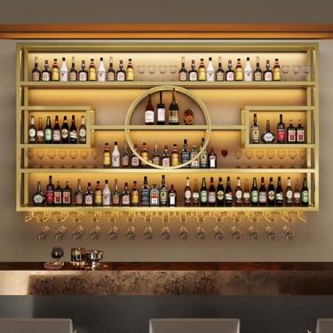 Imagem de Prateleira de bar de metal montada na parede com suporte para copo de vinho, prateleira de licor de ferro, prateleiras de parede flutuantes, prateleira de exibição de garrafa de licor, prateleiras de