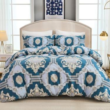 Imagem de Cozaline Conjunto de capa de edredom 100% algodão tamanho Queen – Conjunto de cama azul vintage damasco 3 peças, capa de edredom leve e macia com fecho de zíper, conjunto de cama tribal retrô