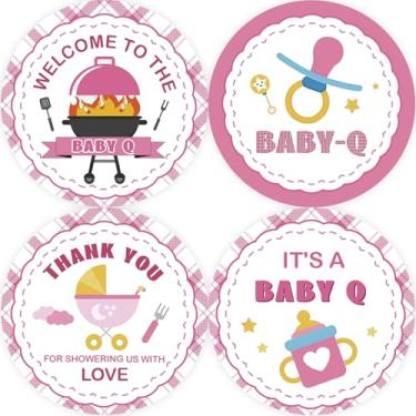 Imagem de 80 adesivos Baby Q Thank You, adesivos redondos para chá de bebê para churrasco, etiquetas redondas de churrasco rosa para lembrancinhas temáticas de aniversário/chá de bebê