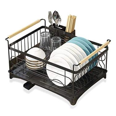 Imagem de Escorredor de pratos, escorredor de pratos de cozinha, escorredor de pratos com bandeja de água, suporte de utensílios, escorredor de pratos com cesta de armazenamento de malha completa