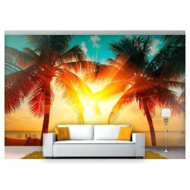Imagem de Papel De Parede Praia Mar Por Do Sol Coqueiro  Npr228 - Você Decora