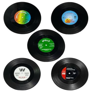 Imagem de 6 peças de porta-copos de vinil vintage para bebidas, pacote com 6 unidades, design de CD preto, tapetes antiderrapantes para café, proteção de utensílios de mesa