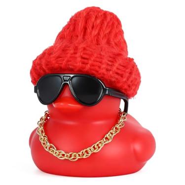 Imagem de BOZILY Patos de borracha de inverno para decoração de painel de carro, montagem faça você mesmo com chapéu de malha, óculos, colar, enfeite de pato para alívio de estresse divertido e estridente