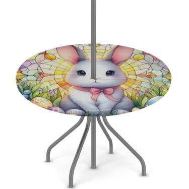 Imagem de hongjinglin Toalha de mesa de Páscoa para uso ao ar livre com orifício para guarda-chuva, toalha de mesa redonda elástica com zíper, impermeável, limpável, para piquenique, festa, pátio, serve para