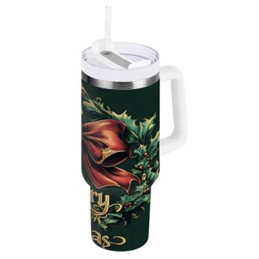 Imagem de Blueangle Copo de guirlanda de Natal de 1,134 g com alça e tampa de palha, copo isolado reutilizável de aço inoxidável garrafa de água caneca de viagem (672)