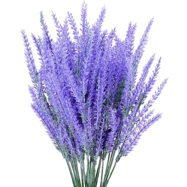 Imagem de 6 pacotes de hastes de lavanda artificial, flores roxas de plástico falso, plantas de lavanda falsas flocadas, flores lilás, buquê de flores artificiais em spray floral decorativo para decoração de