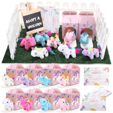Imagem de Blueweenly 84 Pcs Adopt a Pet Party Favors 24 Mini Plush Stuffed Animals 10 White Plastic Fence 24 Paper Gift Boxes 24 Adoption Cards with Mini Chalkboard and Artificial Lawn for Birthday (Unicorn)