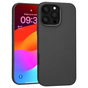 Imagem de Rumwot Capa de couro para iPhone 16 Pro preta compatível com Magsafe, couro genuíno de flor integral, capa executiva de ajuste fino, botões de metal e capa protetora para celular com moldura de batida