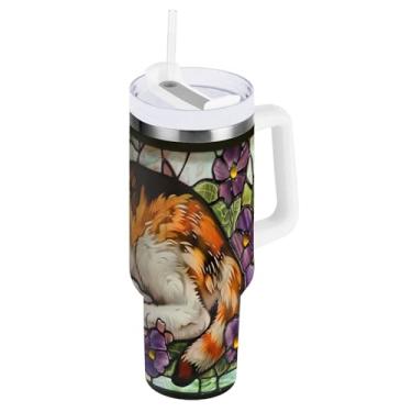 Imagem de Kigai Copo de vidro de 850 g com tampa e canudo, copo isolado de aço inoxidável durável à prova de vazamento com alça, garrafas de água à prova de derramamento para viagens