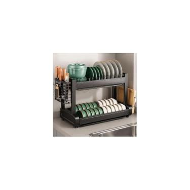Imagem de Escorredor de Louças 2 Andares Multifuncional, Preto Fosco, Metal e Plástico, 43x27x33.5cm, com Suportes para Talheres e Utensílios