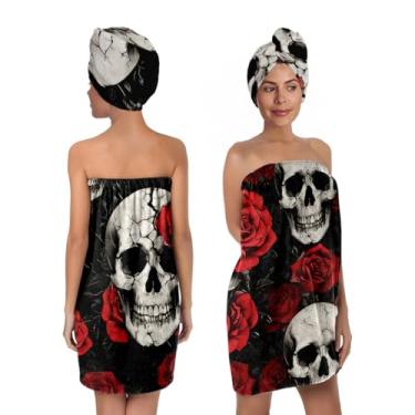 Imagem de YWMAN Conjunto de envoltório de banho de caveira e rosas, toalha de banho de microfibra com turbante de cabelo, conjunto de spa de banheiro gótico, preto e vermelho, 80 cm x 59 cm