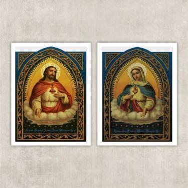 Imagem de Kit Quadros Sacros Coração De Jesus E Maria 33x24cm Branca