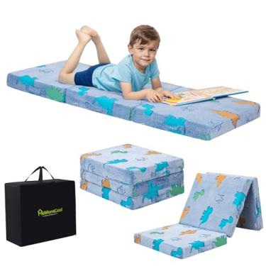 Imagem de MeMoreCool Colchão dobrável para crianças, dinossauro brilhante, tapete de cochilo com três dobras, colchão dobrável para crianças, futon portátil para creche ou cama, 143 x 55 cm, azul
