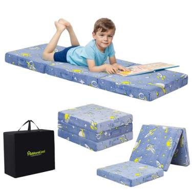 Imagem de MeMoreCool Colchão dobrável para crianças, tapete de cochilo de três dobras para crianças, colchão dobrável para crianças, futon portátil para creche ou cama, 143 x 55 cm, azul