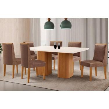 Imagem de Sala Jantar Mesa Maldivas Tampo c/ Vidro Curvo 180cm+6 Cadeiras Dakota Madeira Naturale/Off White - Capuccino/Corano Capuccino - Rufato