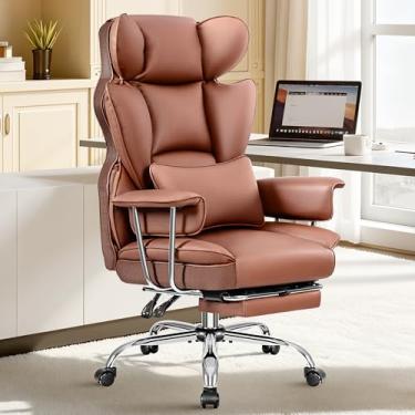 Imagem de ALLGOD Cadeira de escritório confortável, cadeira executiva de couro grande e alta, cadeira larga ergonômica de encosto alto com apoio para os pés, cadeira de mesa de computador reclinável, cadeira de