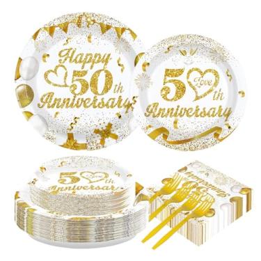 Imagem de Greencian 200 peças de decorações de 50º aniversário de casamento, pratos e guardanapos dourados para festa de 50 anos, conjunto de talheres de papel branco e dourado para homens e mulheres, decoração