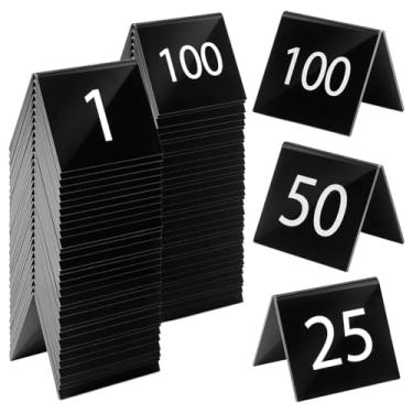 Imagem de DELORIGIN 100 peças de números de mesa de casamento de acrílico com suportes 1-100 suportes de placas retangulares pretos para mesa de centro de mesa, festas, aniversários e eventos, restaurante