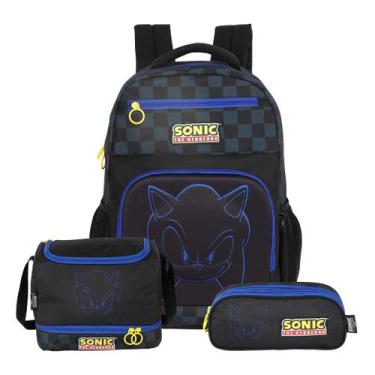 Imagem de Kit Mochila Costas Sonic Lancheira E Estojo Triplo Escolar Cor:Preto, 