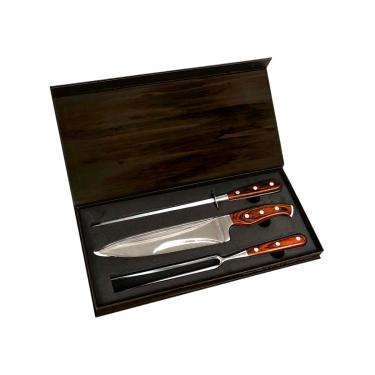 Imagem de Conjunto Churrasco Profissional 3 Peças Linha Steel – Faca 33cm + Garfo 31cm + Chaira 32,5cm com Cabos de Madeira e Estojo Premium