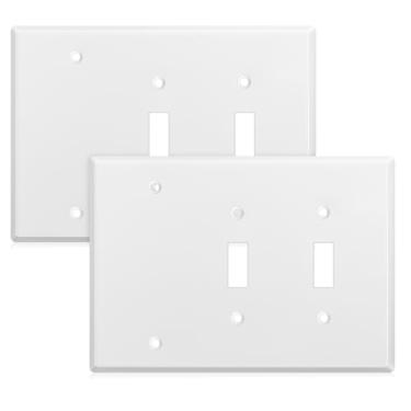 Imagem de Kingdder 2 peças, três gangs, um em branco, dois interruptores, placa de interruptor de luz branca de aço inoxidável, acabamento brilhante, tamanho 3 unidades, 11,4 x 16,2 cm, receptáculo de tomada