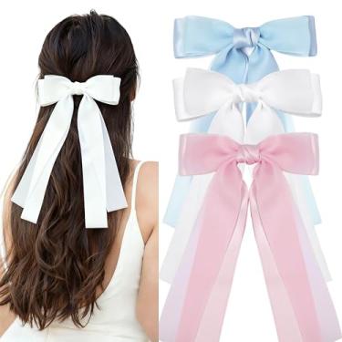 Imagem de 3 peças de laços de cabelo, 3 cores, branco, azul, rosa, laço de cabelo para mulheres, suporte de rabo de cavalo, acessórios de cabelo para meninas, crianças e adolescentes