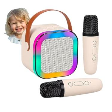 Imagem de Kirk Mini Karaokê Infantil Portátil com 2 Microfones Sem Fio | Caixa de Som Bluetooth Compacta, Luzes LED RGB, Voz Mágica | Brinquedo Musical para Presente e Festas (Bege)