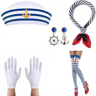 Imagem de NANXJIUR 5 peças de acessórios de fantasia de comissária de bordo de Natal, roupas de aeromoça, chapéu de sino, cachecol e luvas de óculos de sol, Conjunto de fantasia de marinheiro, P