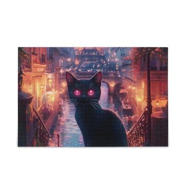 Imagem de 500 peças lindo gato preto quebra-cabeça madeira e material de papel, quebra-cabeças rígidos para adultos