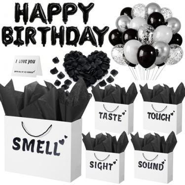 Imagem de Sacos de presente 5 sentidos para ele com etiquetas, kit de decoração de feliz aniversário de papel com faixa, balões, pétalas de rosa, cartão para homens, mulheres, casamento, dia dos namorados 32 cm