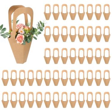 Imagem de Wanmu 50 peças de papel kraft para embrulho de flores, sacos de presente com alça, presente de embrulho de flores, sacos de buquê para Ação de Graças, aniversário, casamento, lembrancinhas de festa