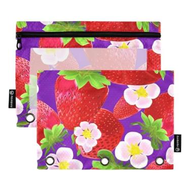 Imagem de GAIGEO Bolsa de lápis de flores rosa morangos para fichário de 3 anéis, fichário com zíper, bolsa de lápis, caneta, escritório, escola, bolsos transparentes, floral, 25 x 18 cm, 2 pacotes
