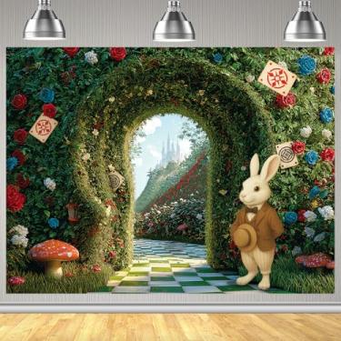 Imagem de Painel de Fundo Fotográfico para Aniversário com Tema País Maravilhas, 150x90cm Decoração Festa do Chá Jardim Fantástico Coelho Grama Verde Castelo Cogumelos Ideal para Decoração e Fotos Chá Bebê