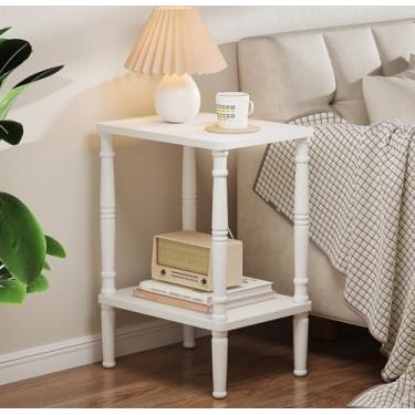 Imagem de LUCKNOCK Mesa lateral vintage, mesa de canto pequena de 2 camadas com prateleira de armazenamento, mesa de cabeceira estreita para pequenos espaços, quarto, sala de estar, casa de fazenda, montagem