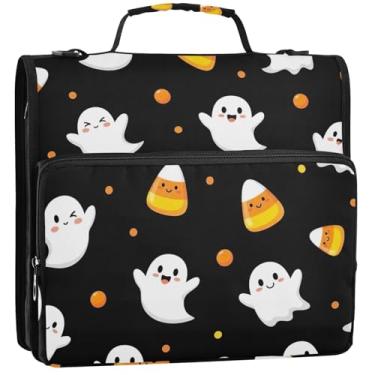 Imagem de Organizador de fichário com zíper fofo desenho animado branco Dia das Bruxas 3,88 cm 3 anéis, fichário escolar com alça de ombro, vários bolsos, pasta grande para portfólio, 34,5 x 31,5 x 9 cm