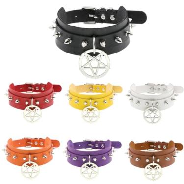 Imagem de Colar gargantilha punk feminino, ajustável de 30 a 40 cm, colar de bondage com rebite pontiagerado de couro sintético exagerado com pingente de estrela de camada dupla, joia gótica sexy para uso