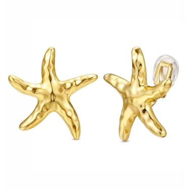 Imagem de ORAZIO Brincos femininos com clipe geométrico, exclusivos, não perfurados, banhado a ouro 14 quilates, nó grosso, brincos de argola com pingente de argola para mulheres, modernos, Cobre, Sem pedra