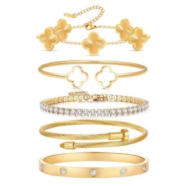 Imagem de Conjunto de 5 pulseiras empilháveis de flores da sorte, banhadas a ouro 18 K, conjunto de pulseiras femininas de trevo e unhas de amor, conjunto empilhável de ouro, joias modernas, presentes para o