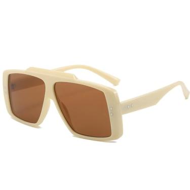 Imagem de Óculos de Sol Femininos Oversized Masculinos com Rebites e Lentes Degradê para Esportes ao Ar Livre, Corrida e Ciclismo, Bege e Marrom