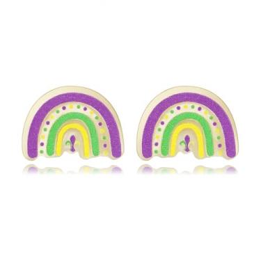 Imagem de Brincos femininos de carnaval carnaval fofos e delicados brincos de carnaval de acrílico com flores de arco-íris roxo e verde dourado acessórios para mulheres, Small, Acrílico, Sem pedra preciosa