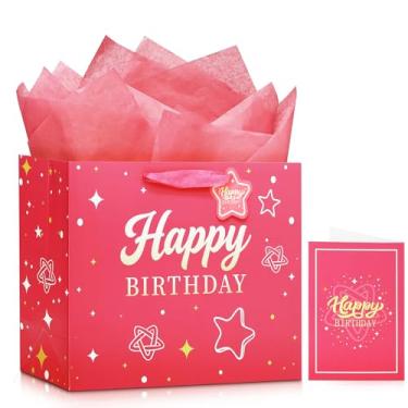 Imagem de KeerxunBag Bolsa de presente rosa de feliz aniversário - com 3 papéis de seda grandes e cartão de felicitações, bolsa de presente de aniversário de tamanho médio para meninas (rosa)