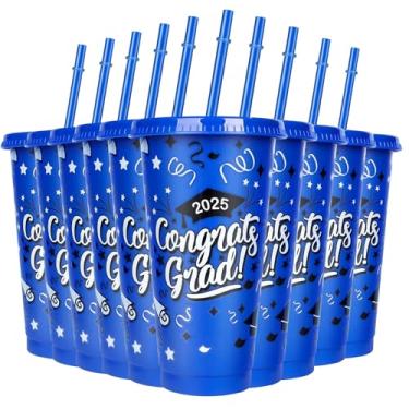 Imagem de 12 peças de copos de plástico de formatura 2024 com tampas e canudos 680 g copo de plástico reutilizável para graduação classe de 2024 suprimentos de festa de formatura para decorações de bebidas