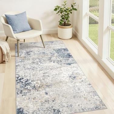 Imagem de DMOYEST Tapete lavável: Tapetes pequenos abstratos de 0,9 x 1,5 m para entrada, cozinha, sala de estar, quarto - Tapete neutro moderno antiderrapante para porta da frente interna - bege azul