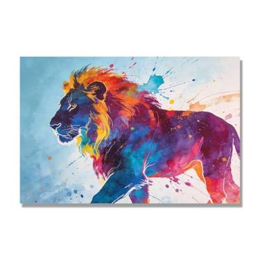 Imagem de NHLDZYH Respingo de tinta leão pintura em tela abstrata arte animal mural vívido chama a atenção para sala de estar decoração de casa moderna. A25. 80 x 120 cm. Apenas tela