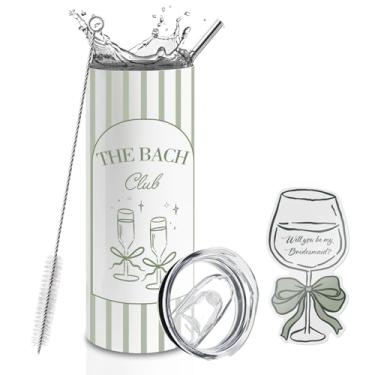 Imagem de BUZCOZY Cartão de pedido de dama de honra e conjunto de copo de 590 ml, copo isolado para despedida de solteira The Bach Club com canudo e tampa, presente Will You Be My Bridesmaid para chá de panela