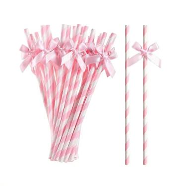 Imagem de 20 peças de canudo de laço rosa, gravatas borboleta descartáveis canudos decorativos para coquetel, canudo de papel fofo biodegradável de 19,6 cm, aniversário, piquenique, casamento, suprimentos de